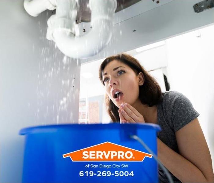 A person discovers a water leak in her bathroom plumbing.